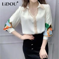 2022 spring new lady elegant fashion printing long sleeve chiffon blouses loose casual simple all match pullover top shirt women