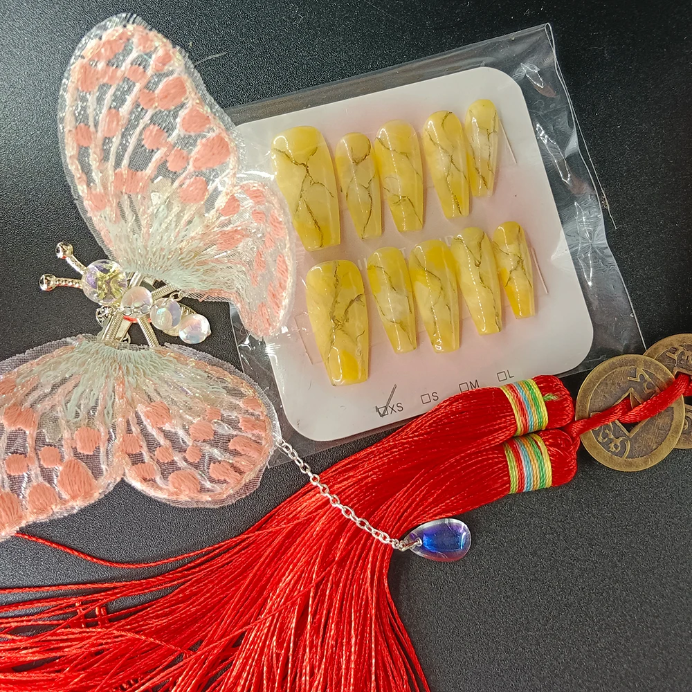 10 шт. высокое качество ручной работы пресс на ногтях желтый мрамор узор как