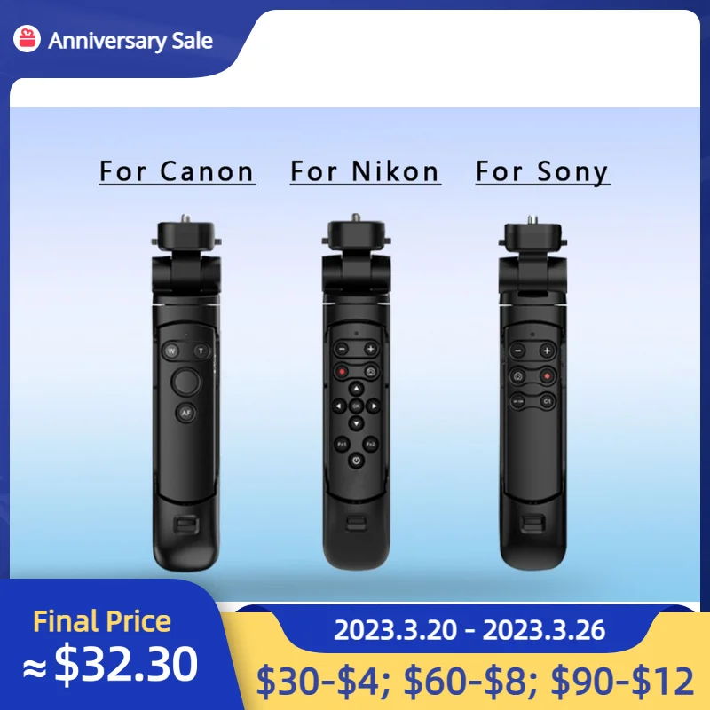 

Wireless Bluetooth Mini Grip Tripod Remote Control for Sony FX30 A7R V A7M4 A7IV Canon R7 R10 R6II Nikon Z6II Z7II Z30 Cameras;