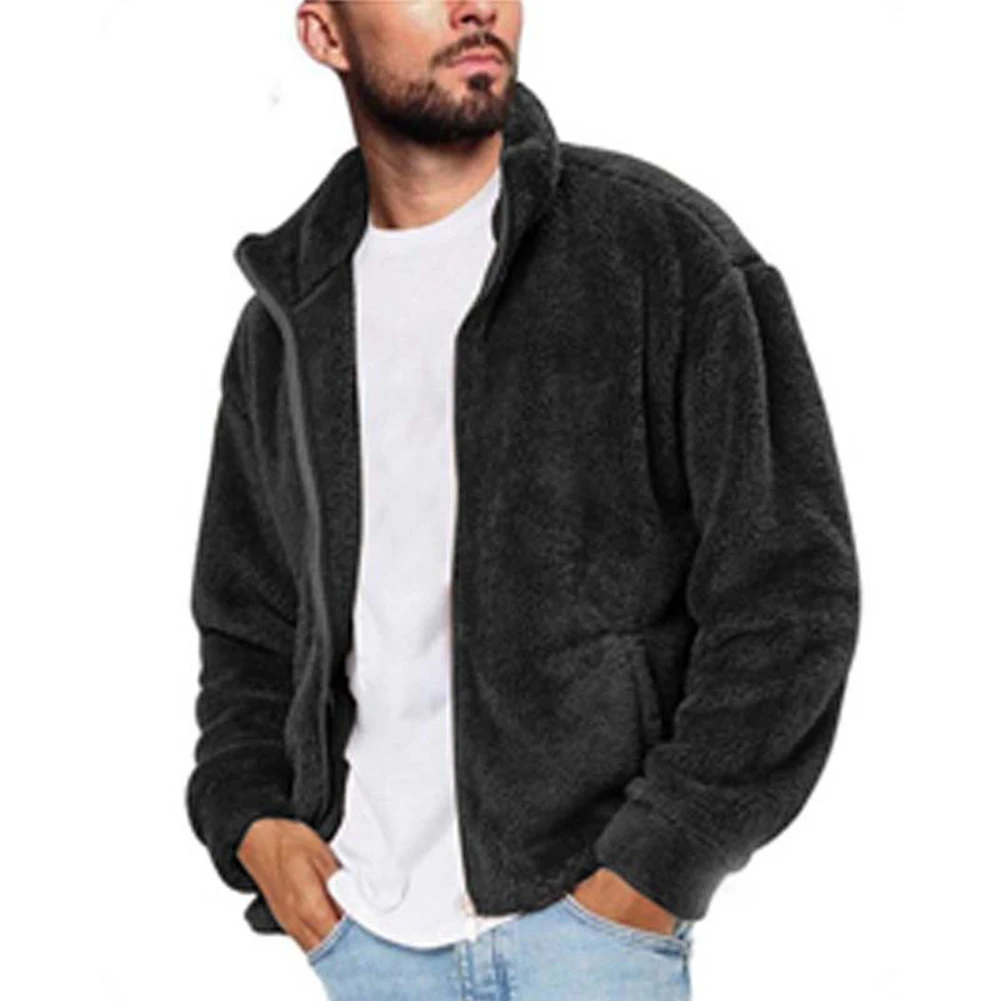 

Comfy Fashion Coat Man Jacket Slight Stretch Stand Collar Winter Keep Warm Fluffy Fleece Cardigan Hoodie Coat Top