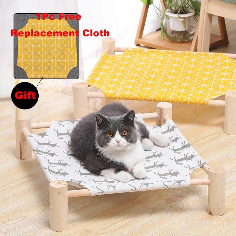 

Moisture-proof Cat Hammock Cat Nest Detachable Wash Cat Bed Pet Solid Wood Canvas Marching Bed with 1Pc Free Replacement Cloth