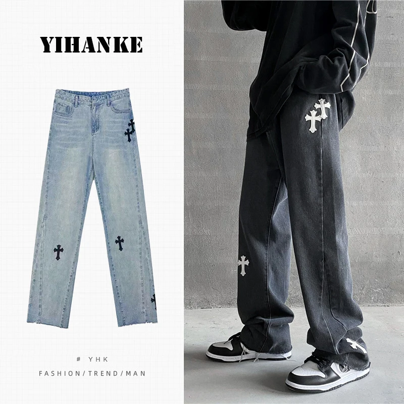 

Brand Men's Jeans High Street Trend Cross Stitch Embroidery Straight Loose Wide-leg Pants Fashion Street Men's Trousers джинсы