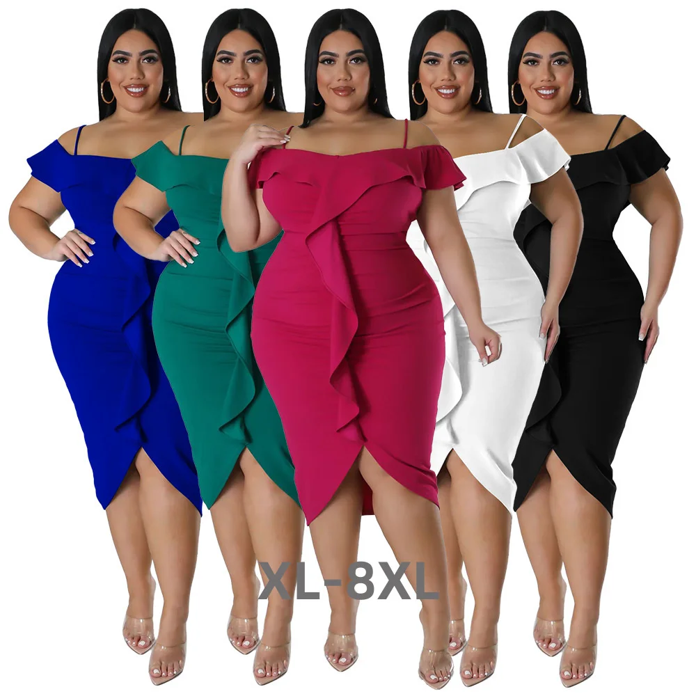 Plus Size Summer Ruffles Slash Neck Women Bodycon Dress Spaghetti Dress Party Holidays Casual Short Sleeves 3xl 4xl 5xl 6xl