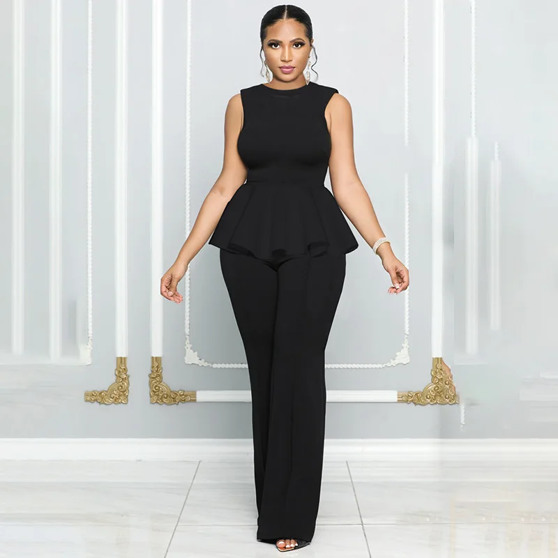 Solid Office Lady Jumpsuits Sleeveless Ruffle High Waist Wide Leg Pant One Piece Overall Rompers Sexy Nightclub Party Bodycon