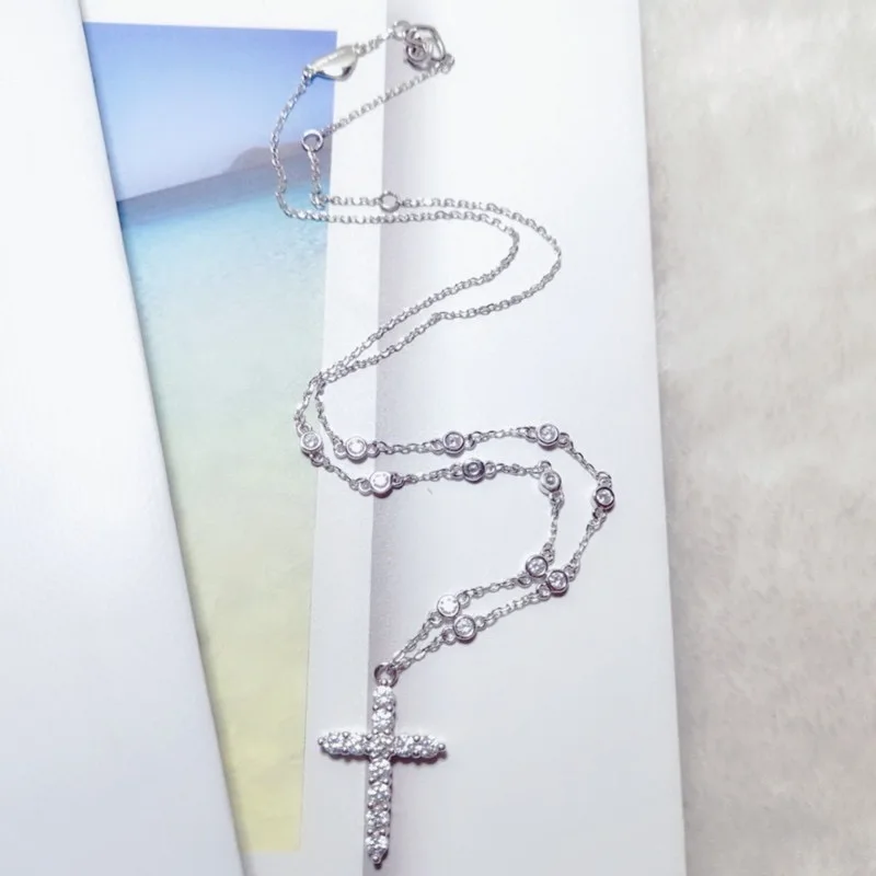 

Luxury S925 Sterling Silver Cross Pendant Necklace White Cubic Zirconia Tassel Choker for Women Bridal Party Gift Jewelry