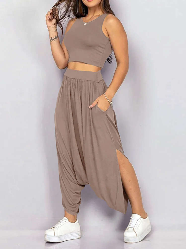 

Women Tank Tops And Hollow Out Pants Suit Summer Loose Trousers Solid Two Piece Set Lady Casual Streetwear Pocket Pants Outfits