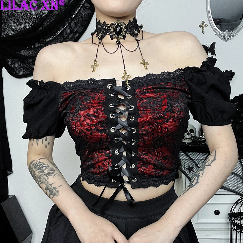 

Y2K Sexy Lace-up Short Sleeve Crop Top Sexy Vintage Elegant Aesthetic Red Puff Sleeve Off Shoulder T-Shirts Women Fashion Tees