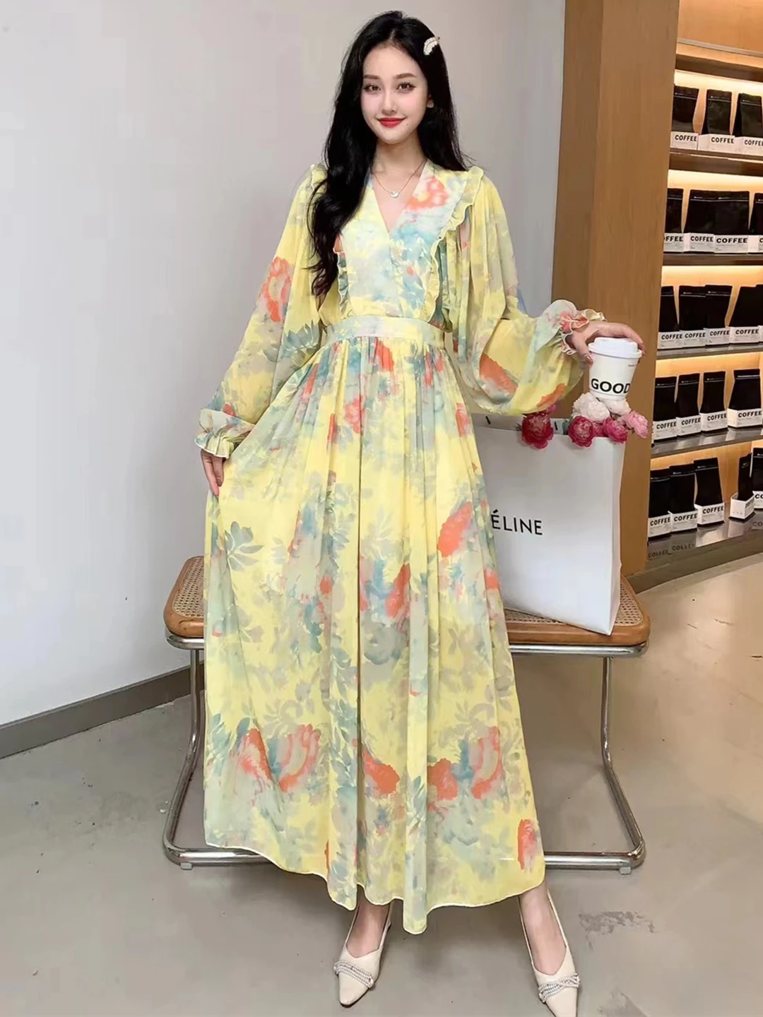 Женское шифоновое платье с V-образным вырезом длинным рукавом-фонариком