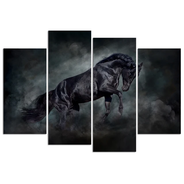 Красивый мускулистый черный конь в туманном животном портрет, холст,  живопись картина для гостиной украшение стены 4 панели | AliExpress