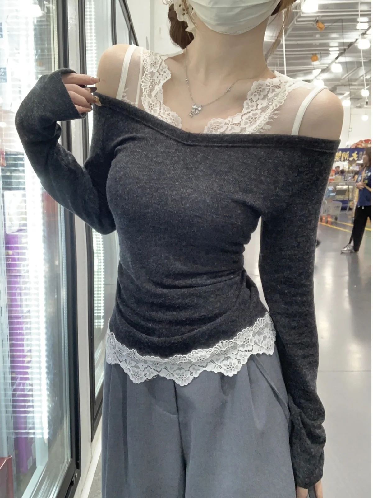 Плюс размер Chubby Girl Pure Desire Sle Кружевная строчка Шлифовка Рубашка с длинными