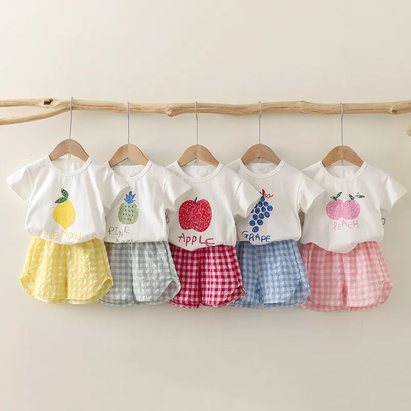 2023 New Short Sleeved Suits Summer Baby Girls Clothes Kids 2 Piece Set Cotton Toddler Plaid Shorts Set Clothing 9m-4y