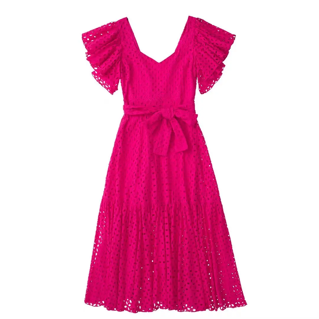 

Clothland Women Stylish Embroidery Hollow Out Dress V Neck Butterfly Sleeve Backless Sashes Summer Maxi Dresses QB06