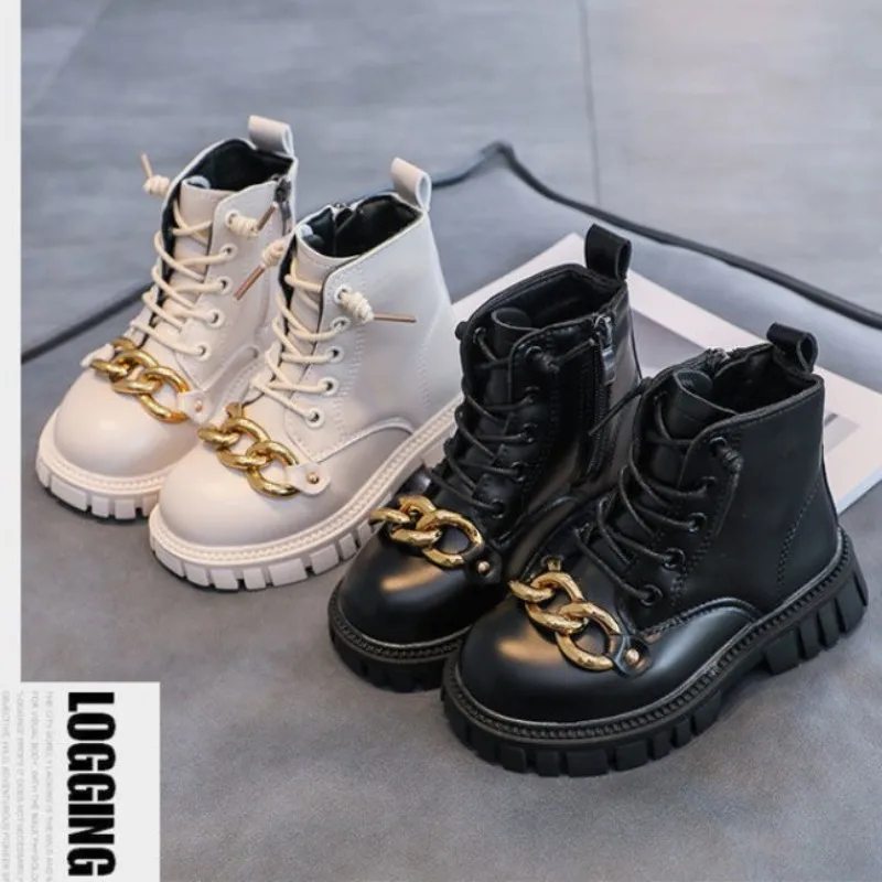 Autumn and Winter Children's Plush Cotton Boots 2023 Winter Boys and Girls Metal Chain PU Boots enlarge