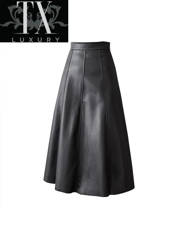 

Women Long Spring Sexy Leather PU 2022 Solid Office Lady Midi s Elegant High-Waisted Party A-line Skirt Mujer