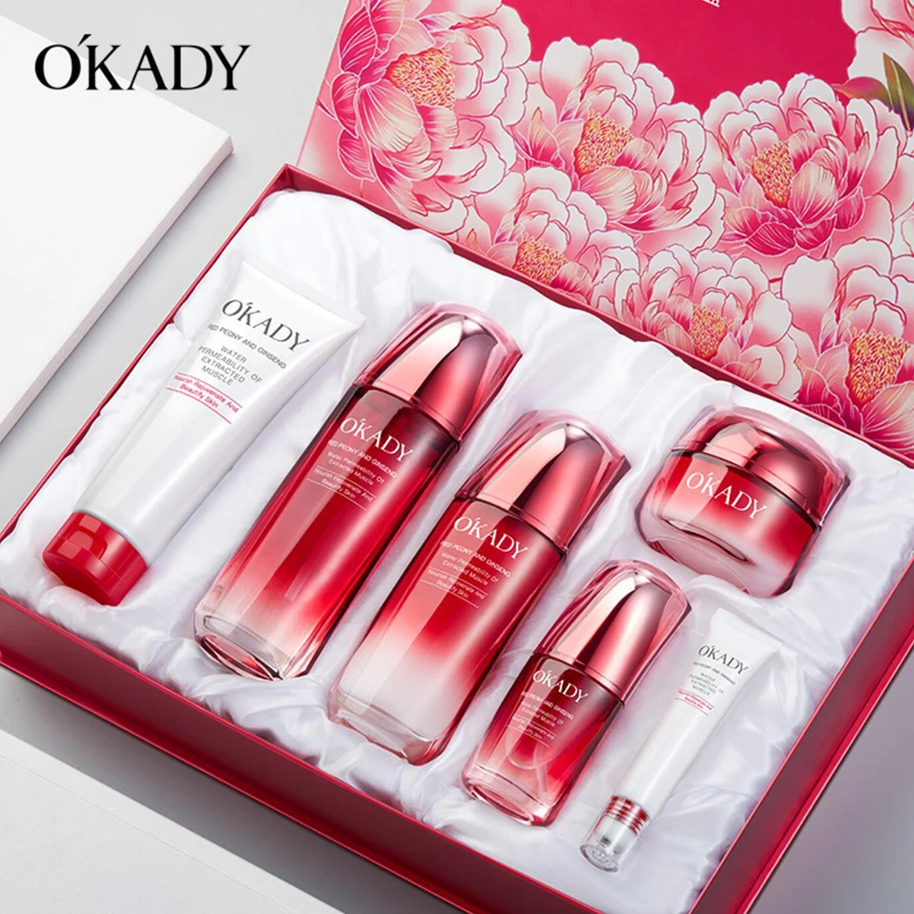 

OKADY Red Peony Ginseng Face Skin Care Products Women's Beauty Box Repair Facial Moisturizing Shrink Pores Cosmetics Sets 6PCS