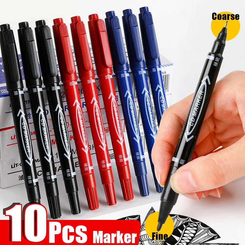 10Pcs Twin Tip Permanent Marker Black/Blue/Red Oil Marker Pe
