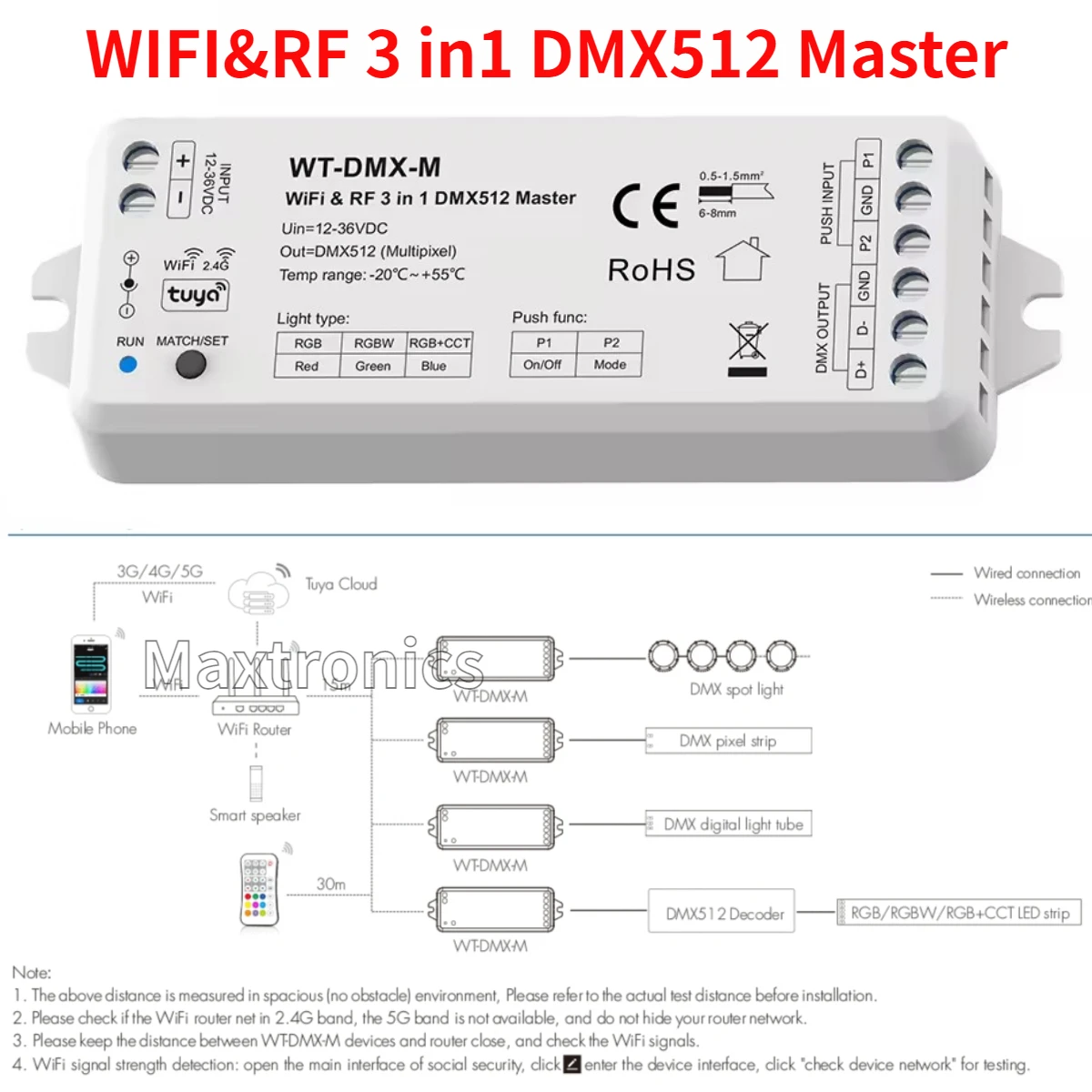 DC12-36V Wi-Fi и RF 3 в 1 RGB/RGBW/RGB + CCT DMX512 Главный контроллер WT-DMX-M Tuya APP Голосовое управление
