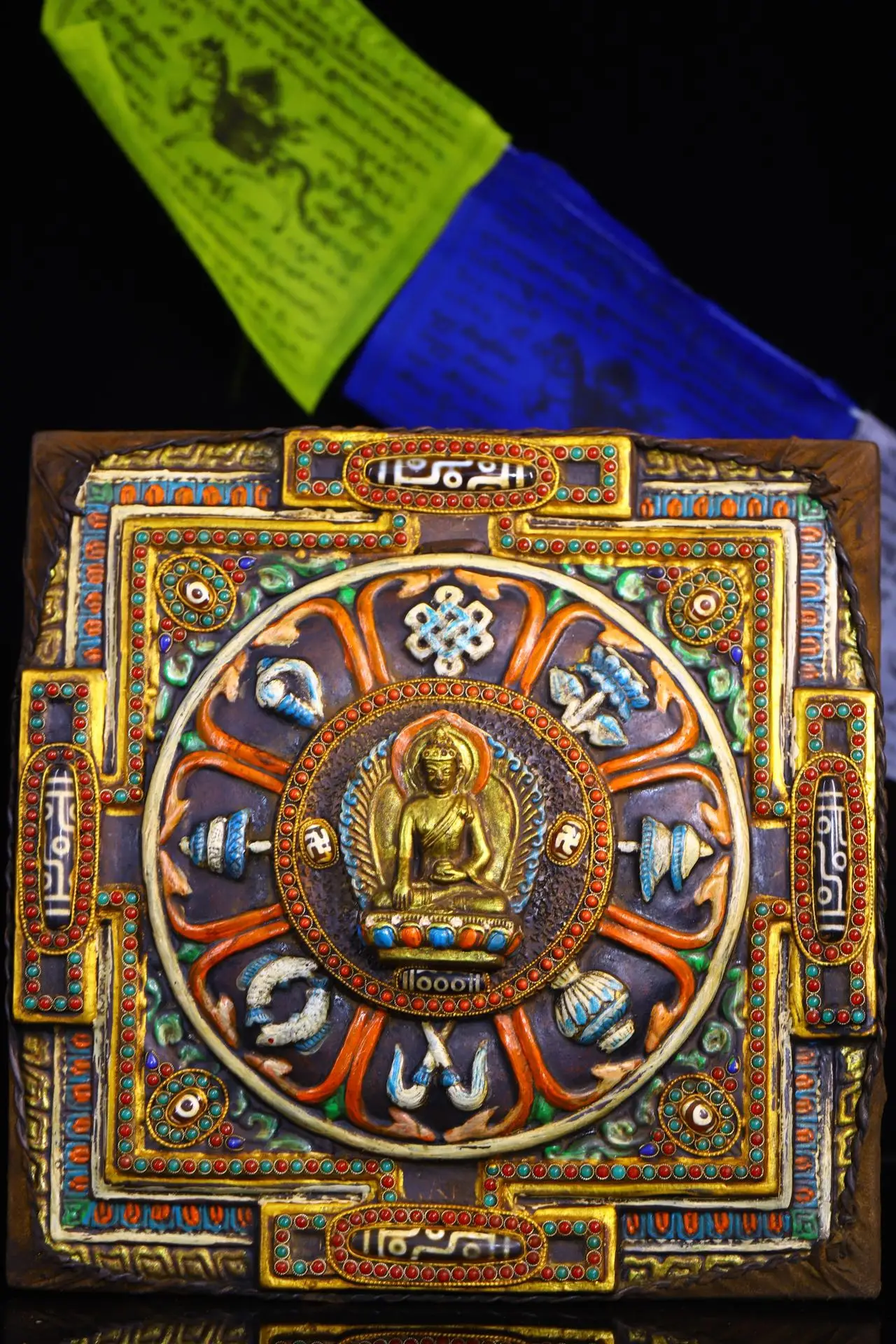 

12" Tibetan Temple Collection Old Bronze painted Gem Dzi Beads eight treasures Medicine Buddha thangka mandala hanging screen