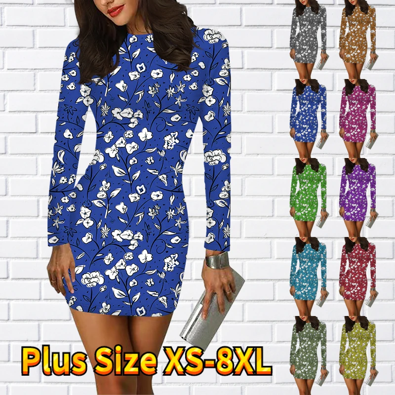 

2022 New Female Round Neck Dress Winter Women Sexy Retro Long Sleeve Skirt Autumn New Design Printing Tight Skirt Short Skirts