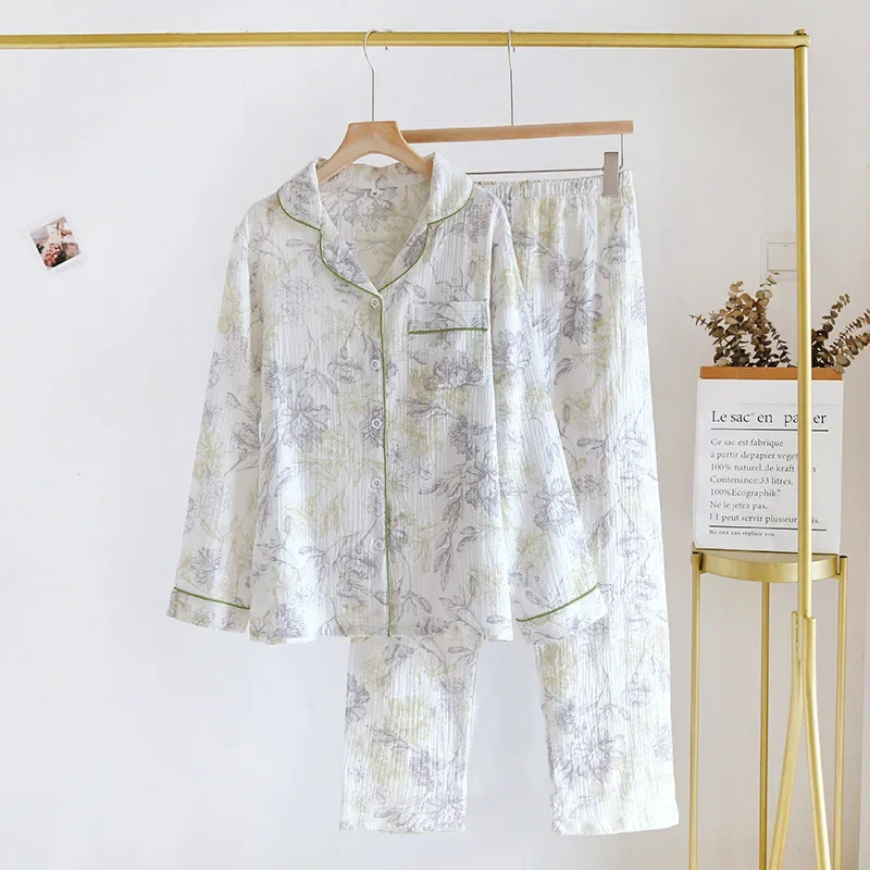 Женский пижамный комплект из 2024 хлопка новый японский с длинным рукавом и