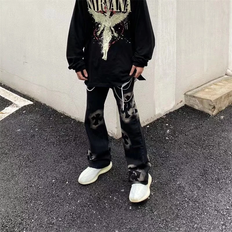 Y2K Men Vintage Streetwear Korean Black Retro Jeans High Waiste Straight Pants Denim Trousers For Women Fairy Grunge Alt Clothes