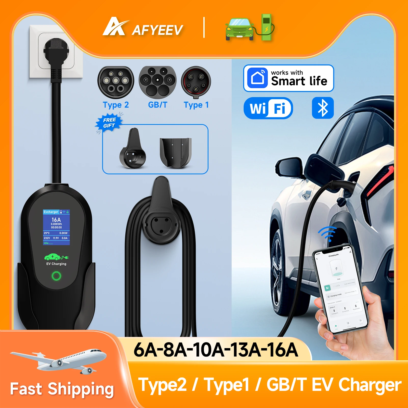 Фото AFYEEV 3600 Вт Портативное зарядное устройство для электромобилей Type 2 IEC62196-2 Type1 SAE J1772 Зарядное устройство для электромобилей с вилкой европейского стандарта, Wi-Fi, Bluetooth, управление через приложение №1