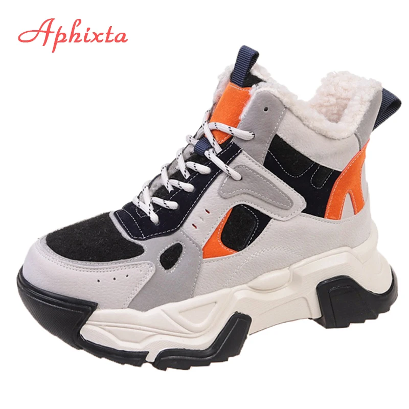 

Aphixta 2022 Winter Waterproof Snow Boots Women Lace-up Chunky Sole Height Increasing Suede Warm Plush Shoes Woman Sneakers