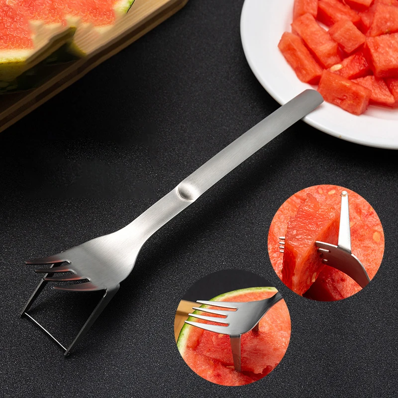 

Stainless Steel Watermelon Fork Multi-purpose Fruit Fork Can Be Cut Into Pieces Creative Fruit Cutting Fork Portable Tableware