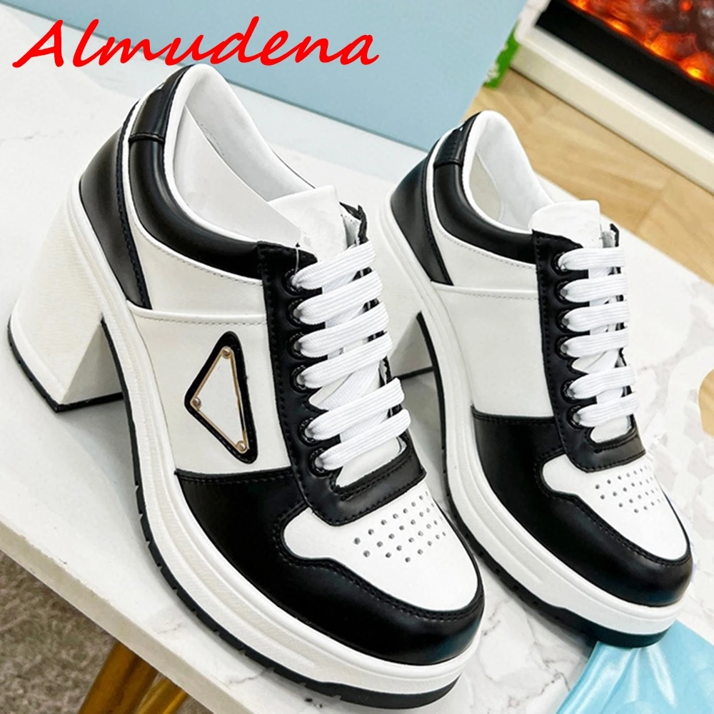 

2023 Newest Metal Decoration Women Shoes Pointed Toe Lace Up Mixed Colors Chunky Heels All-Match Casual Comfy Leather Pumps