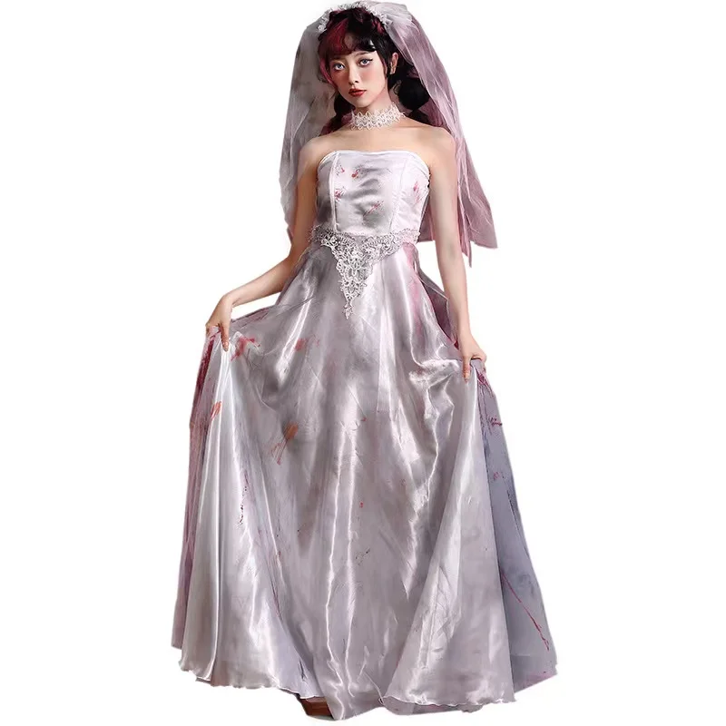 

Grey Women Bloody Corpse Bride Scary Cosplay Female Halloween Ghost Zombie Costumes Carnival Purim Parade Role Play Party Dress