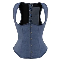 victorian blue grey denim underbust corset with straps jean bustier top body shaper cowgirl corselet plus size