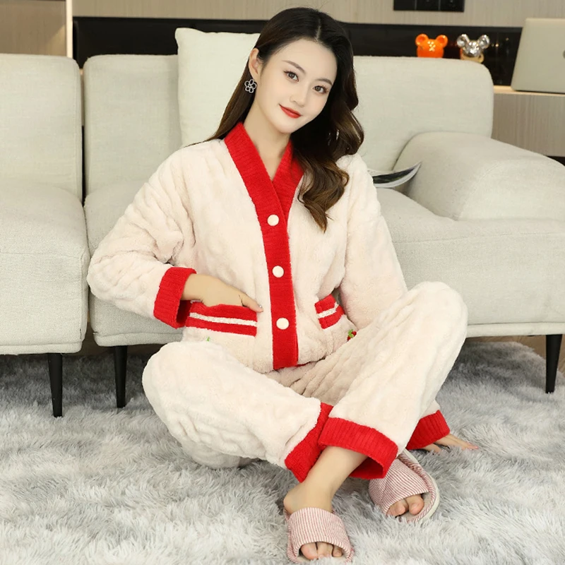 Winter Warm Flannel Women's Pajama Sets Thick Sleepwear Coral Fleece Sleep Lounge 2 Pieces Home Suit Female Pijamas Nightwear