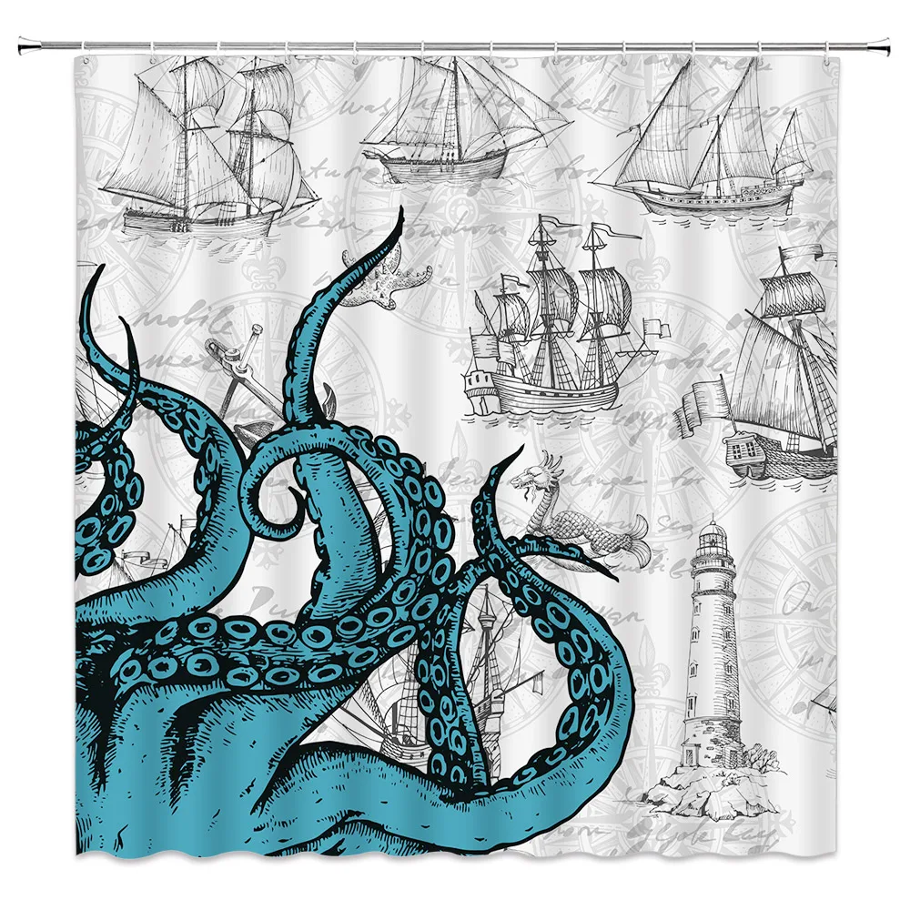 

Nautical Octopus Shower Curtain Sailboat Kraken Ocean Animal Bathroom Decor Polyester Fabric Bath Curtains with Hooks