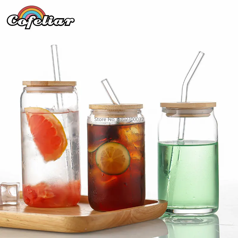 

550ml/400ml Glass Cup With Lid and Straw Transparent Bubble Tea Cup Juice Glass Beer Can Milk Mocha Cups Breakfast Mug Drinkware