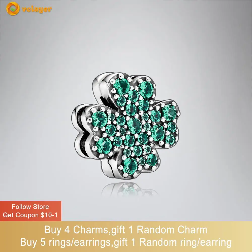 

Volayer 925 Sterling Silver Bead Pave Four-Leaf Clover Clip Charm fit Original Pandora Bracelets for Women Jewelry Making Gift