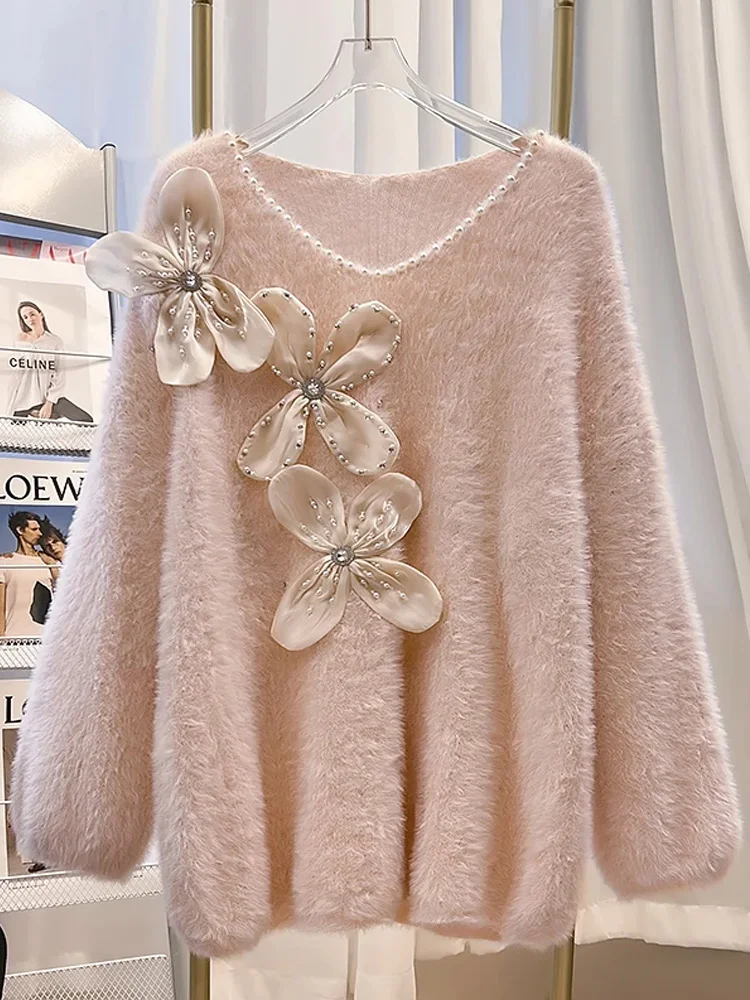 

Женский мохеровый свитер с V-образным вырезом и длинным рукавом