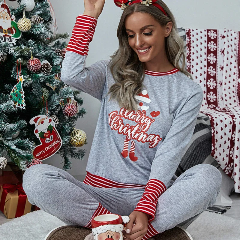 Plus Size Christmas 2 Pieces Women Pajama Sets Printed Long Sleeve Loose T Shirt Top+ Pants Suit Women Casual Home Clothes 5XL