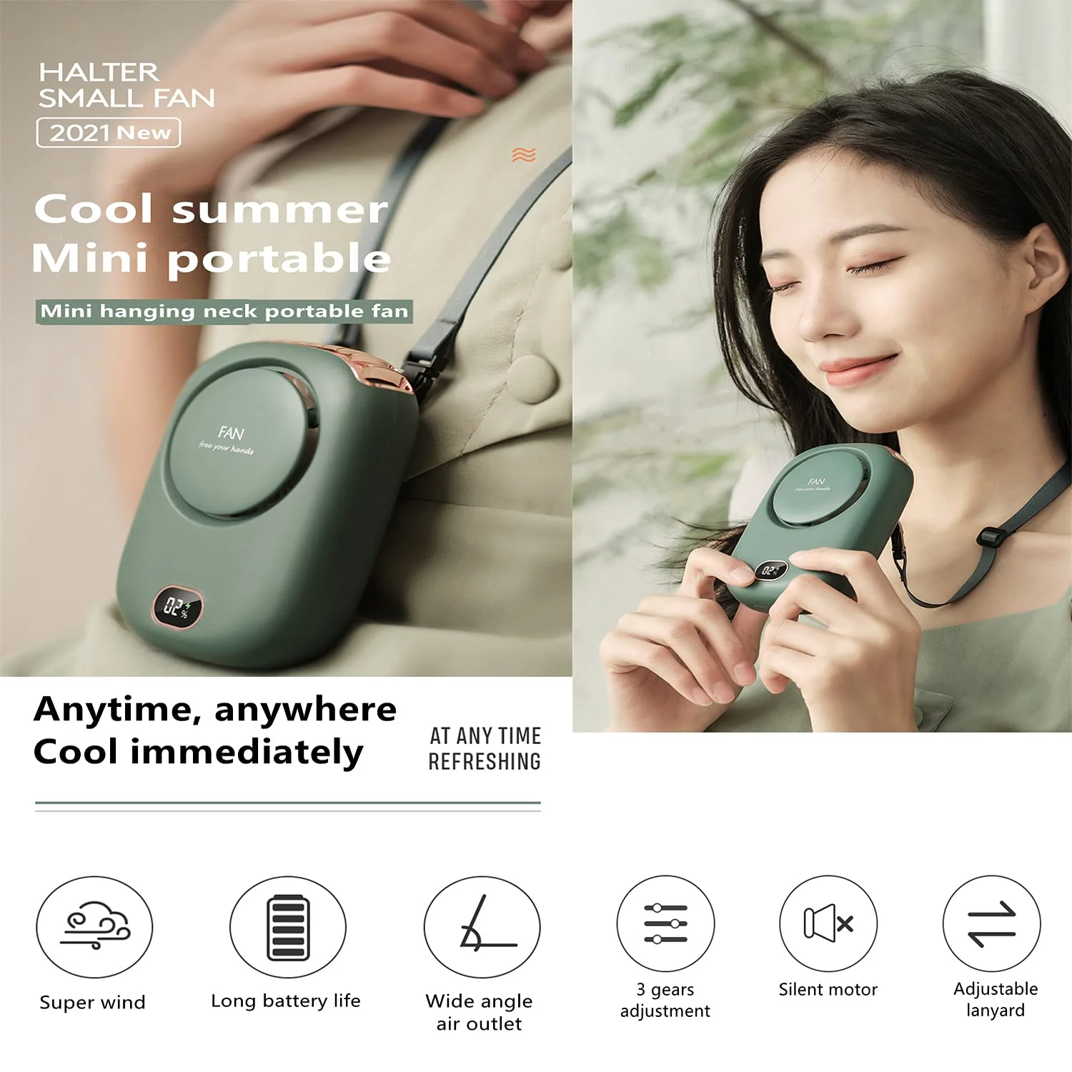 

Portable Mini Hanging Neck Fan with Adjustable Lanyard and Bracket USB Rechargeable Hands Free 3 Wind Speed Personal Fan