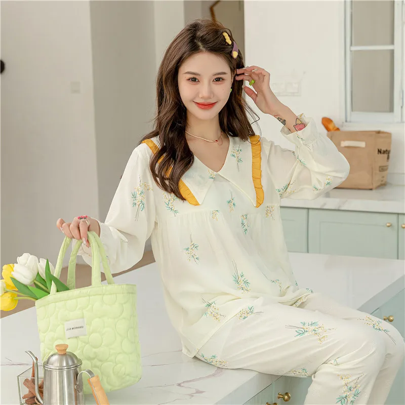 Spring Silk Women's Pajamas 2023 Spring and Summer New Long-Sleeved Trousers V-neck Pullover Cute Girl Homewear Suit