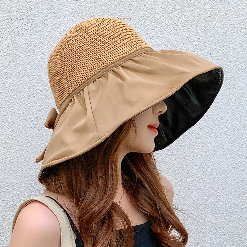 

2023 летняя резиновая Солнцезащитная шляпа с бантом, Женская Солнцезащитная шляпа с защитой от УФ-лучей и широкими полями, Солнцезащитная Вязаная пляжная шляпа с отверстиями