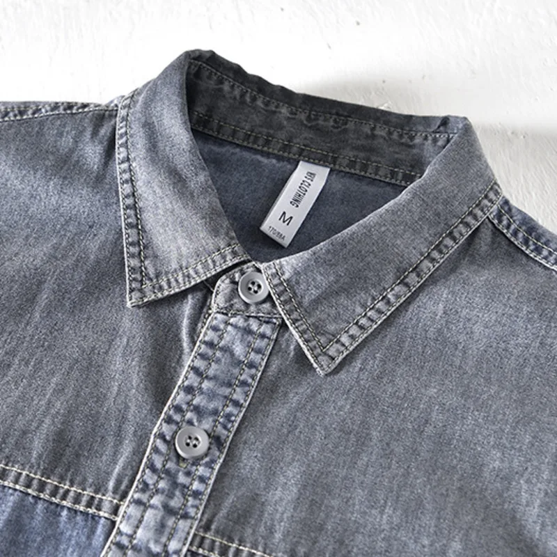 Summer Men Japan Style Patchwork Cotton Denim Short Sleeve Shirt Fashion Male Casual Contrasting Colors Thin Shirts Cloth
