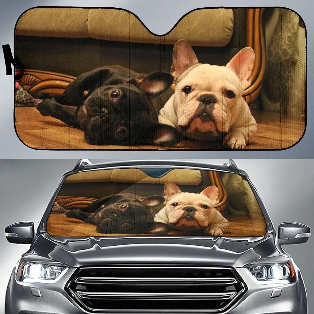 

Cute French Bulldogs Puppy Image Print Dog Lover Car Sunshade, Cute Two French Black Bulldog and White French Bulldog Image Auto
