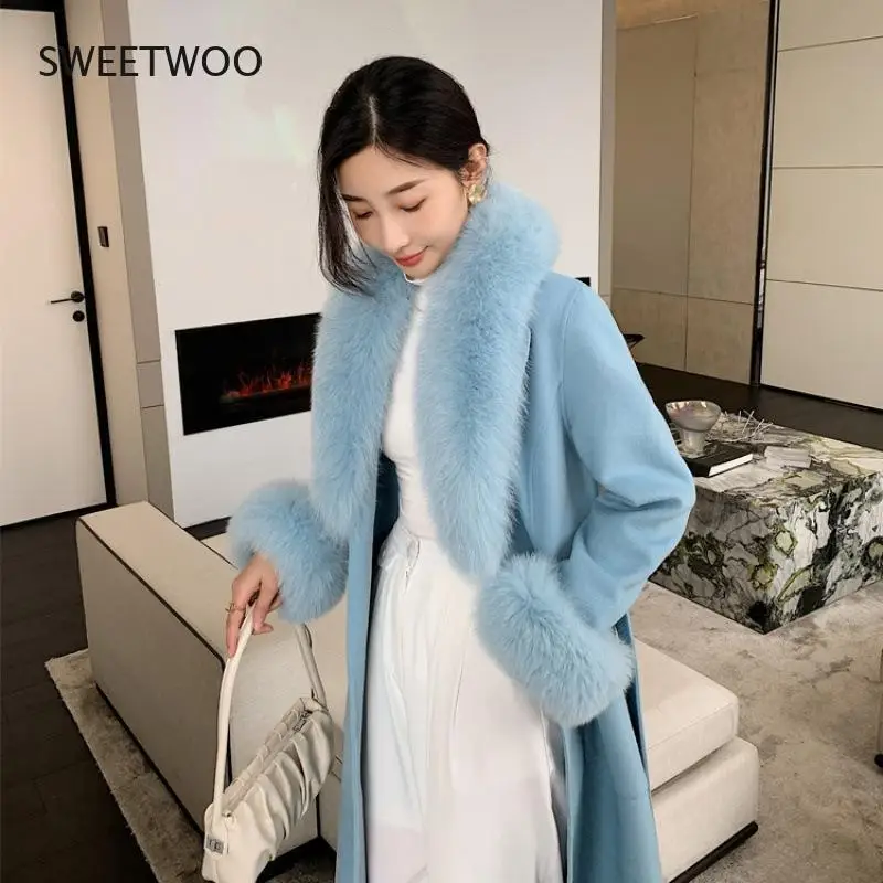 Double Sided faux  Cashmere Coat Fall Winter 2021 New Korean Version faux Fox Big Fur Collar Long Slim White Wool Coat for Women