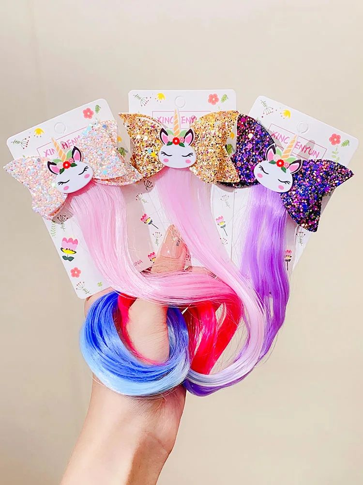 

Заколки для волос для девочек, разноцветные, блестящие, с единорогом, бантами