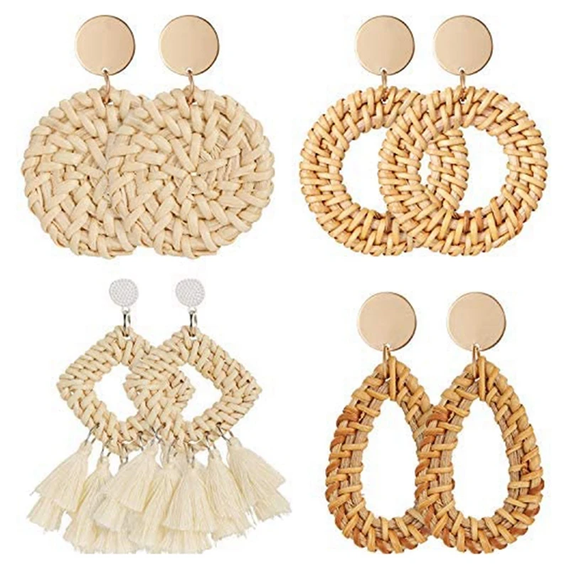 

Легкие плетеные серьги из ротанга с кисточками, 4 пары