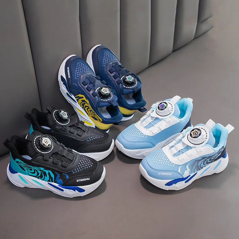 Children's Shoes Spring Boys' Mesh Breathable Rotary Button Sports Shoes Big Boys' Fashionable Soft Soles  Training Shoes