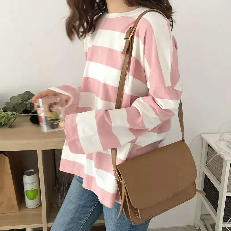 

T-shirts Women long Sleeve Korean Students pink stripe tshirt Fashion Leisure All-match Womens Clothing Simple t shirt