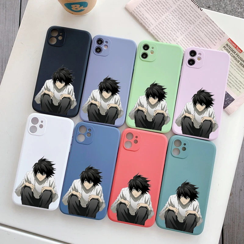 

NEW Square Liquid Silicone Phone Case For iPhone 14 11 12 13 Pro Max Mini X XS XR 7 8 Plus SE2 Full Lens Cover Death Note Ryuk