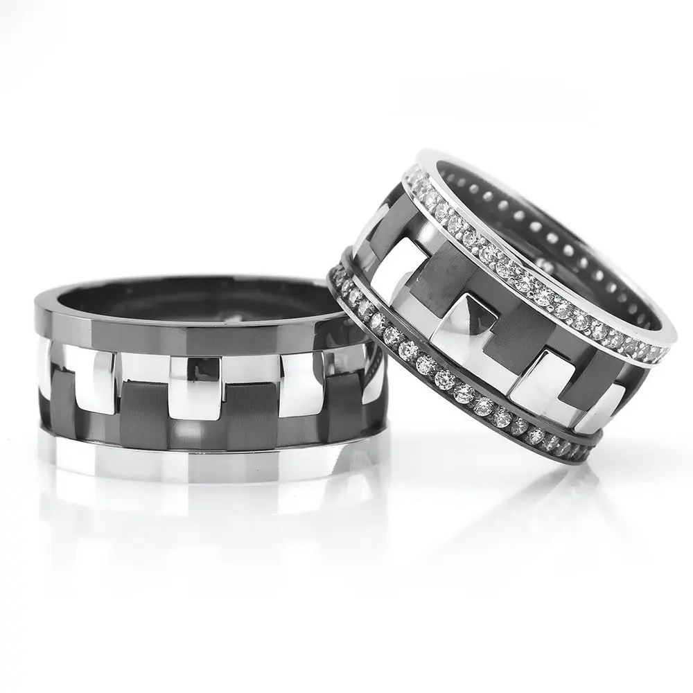 

Checkered Design Gray-black Color 925 Sterling Silver Couple Wedding Rings