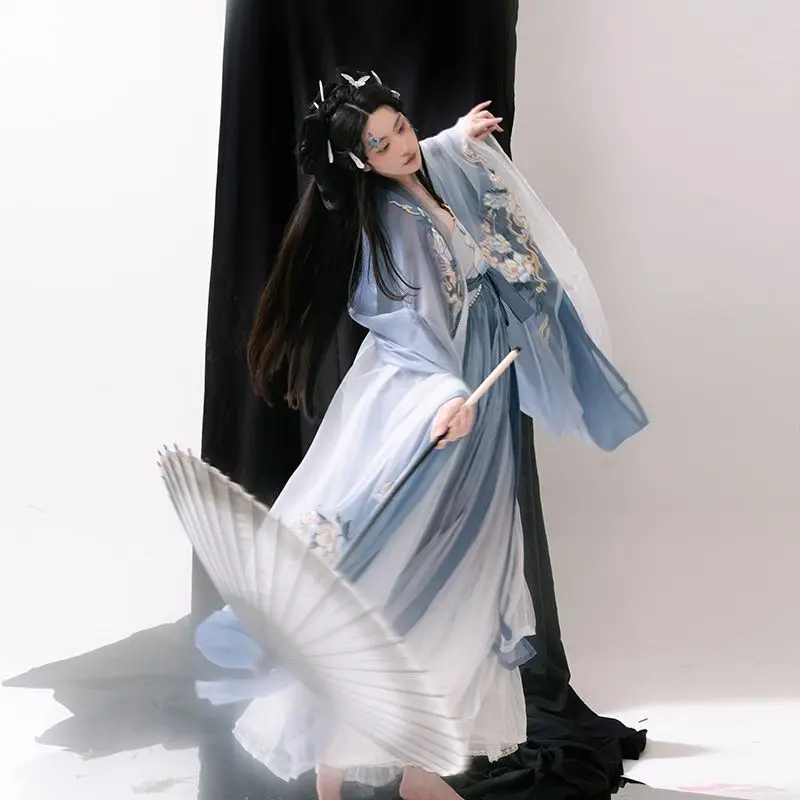 Женская голубая юбка Hanfu с вышивкой рубашка большим рукавом и принтом на весну
